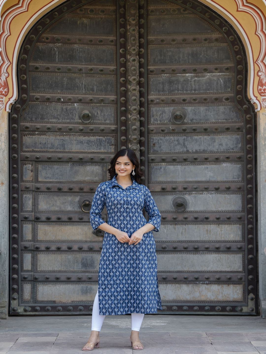 Blue Printed Straight Kurta With Three Quarter Sleeves