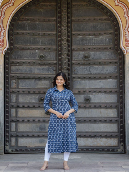 Blue Printed Straight Kurta With Three Quarter Sleeves