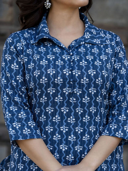Blue Printed Straight Kurta With Three Quarter Sleeves