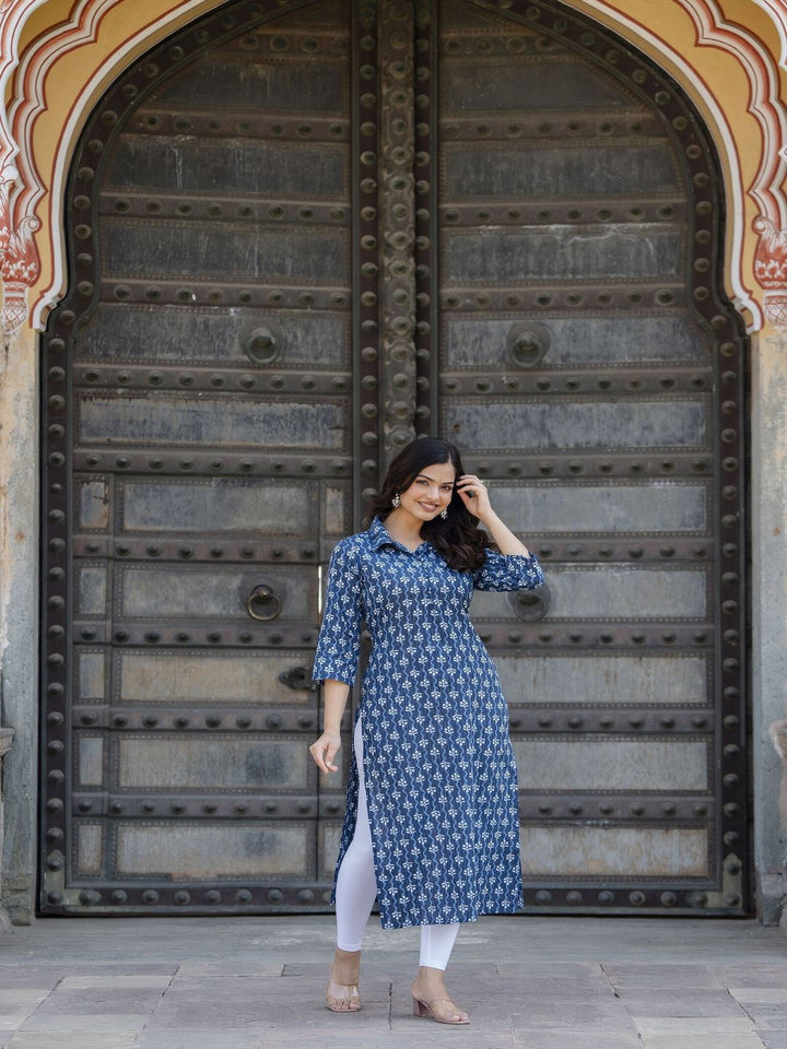 Blue Printed Straight Kurta With Three Quarter Sleeves