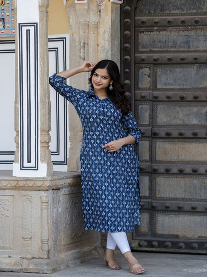 Blue Printed Straight Kurta With Three Quarter Sleeves