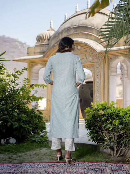 Green Ethnic Printed Straight Kurta With Three Quarter Sleeves