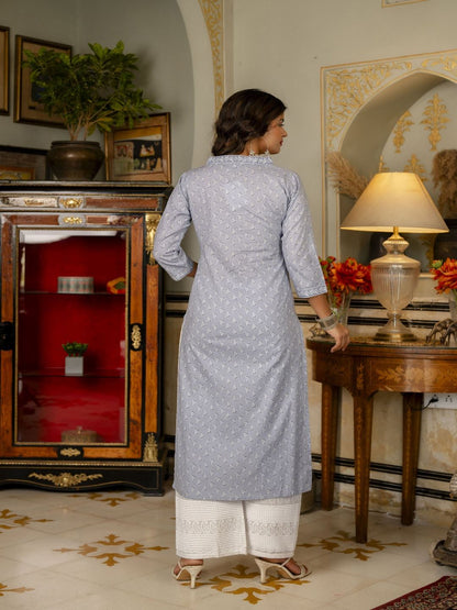 Purple Ethnic Printed Straight Kurta With Three Quarter Sleeves