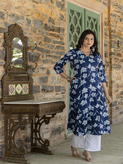 Blue Ethnic Printed A-Line Kurta With Three Quarter Sleeves