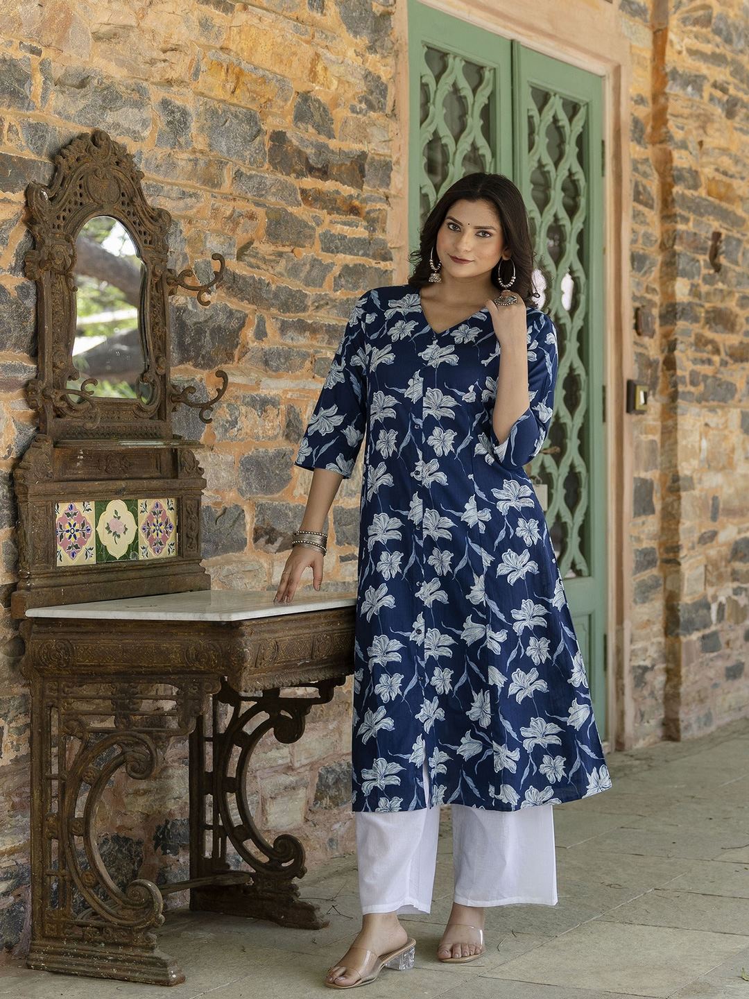 Blue Ethnic Printed A-Line Kurta With Three Quarter Sleeves