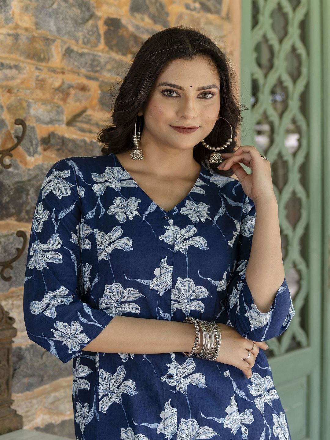 Blue Ethnic Printed A-Line Kurta With Three Quarter Sleeves