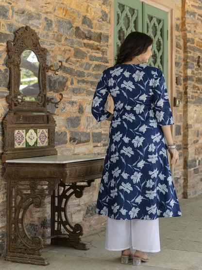 Blue Ethnic Printed A-Line Kurta With Three Quarter Sleeves