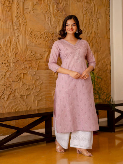 Purple Ethnic Printed Straight Kurta With Three Quarter Sleeves