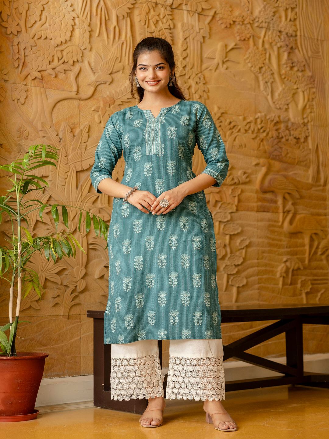 Turquoise Blue Printed Straight Kurta