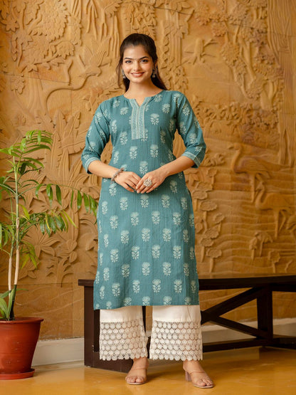 Turquoise Blue Printed Straight Kurta