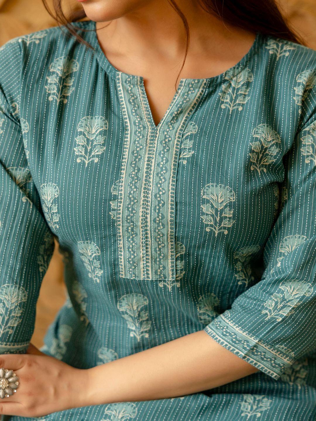 Turquoise Blue Printed Straight Kurta