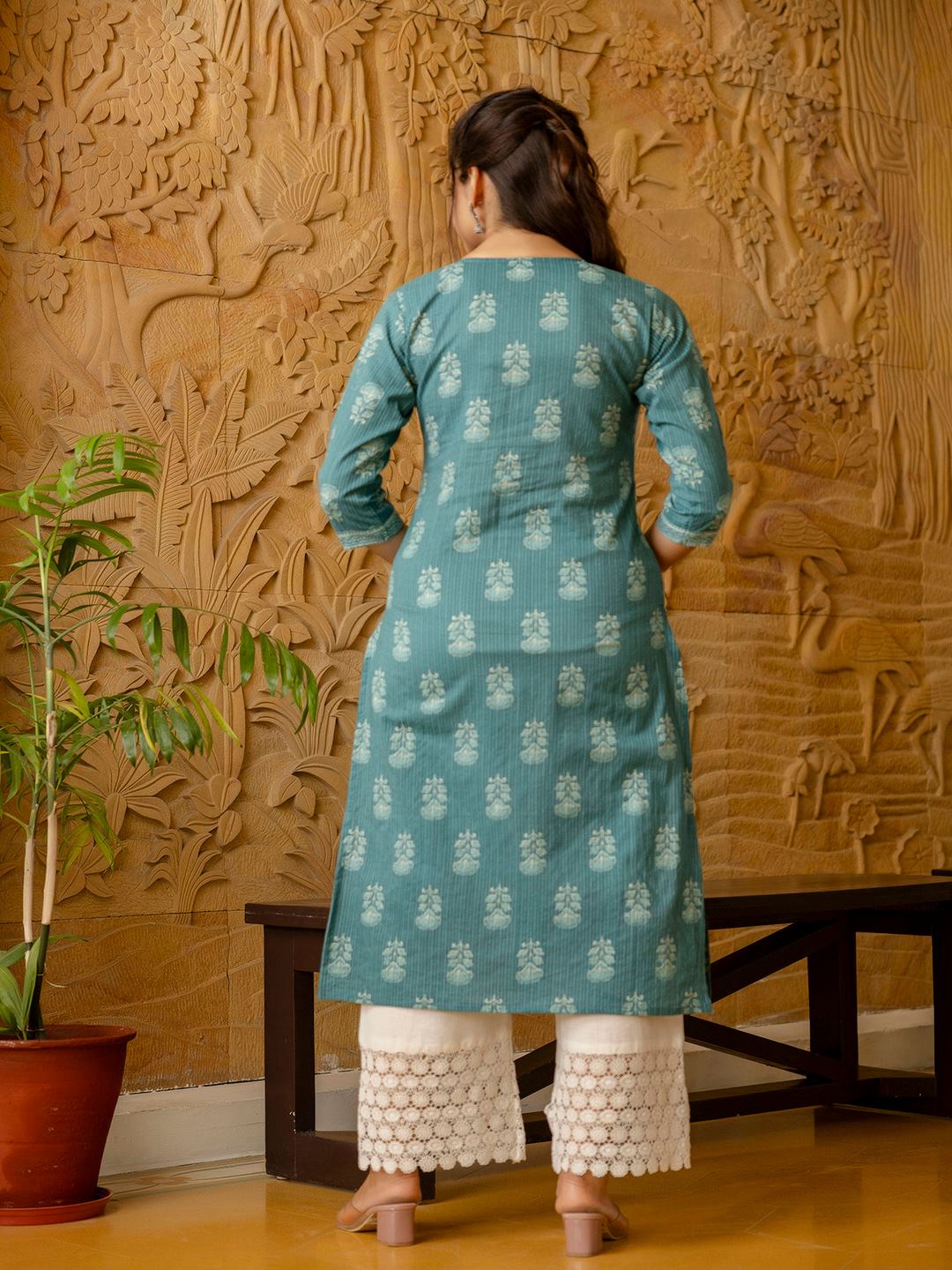 Turquoise Blue Printed Straight Kurta
