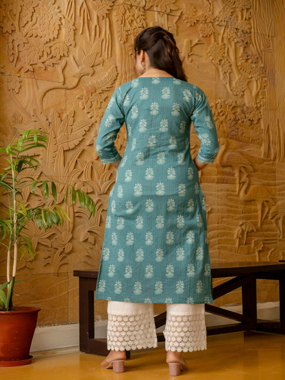 Turquoise Blue Printed Straight Kurta