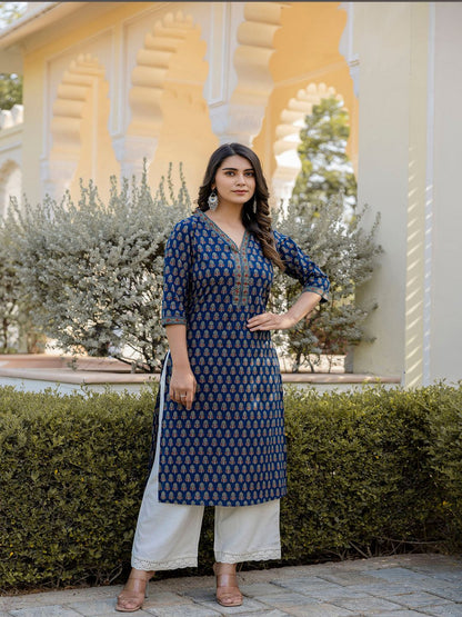 Blue Printed Straight Kurta With Three Quarter Sleeves