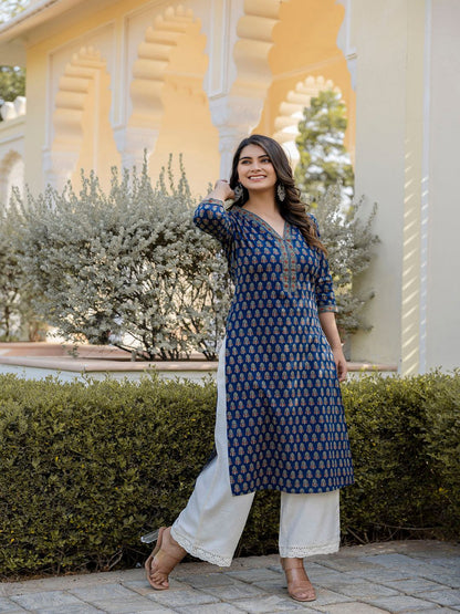 Blue Printed Straight Kurta With Three Quarter Sleeves