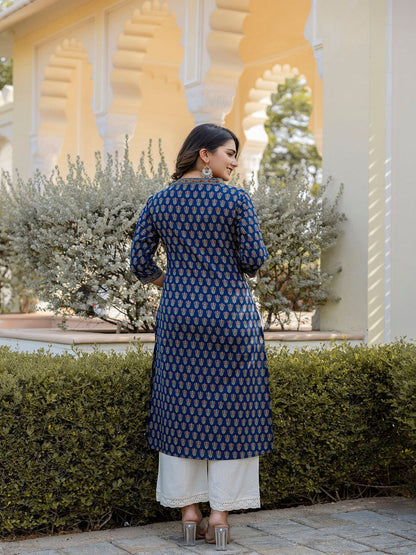Blue Printed Straight Kurta With Three Quarter Sleeves
