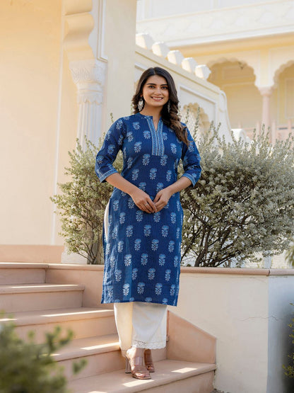 Navy Blue Printed Straight Kurta With Three Quarter Sleeves