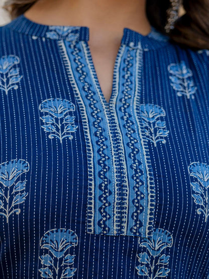 Navy Blue Printed Straight Kurta With Three Quarter Sleeves