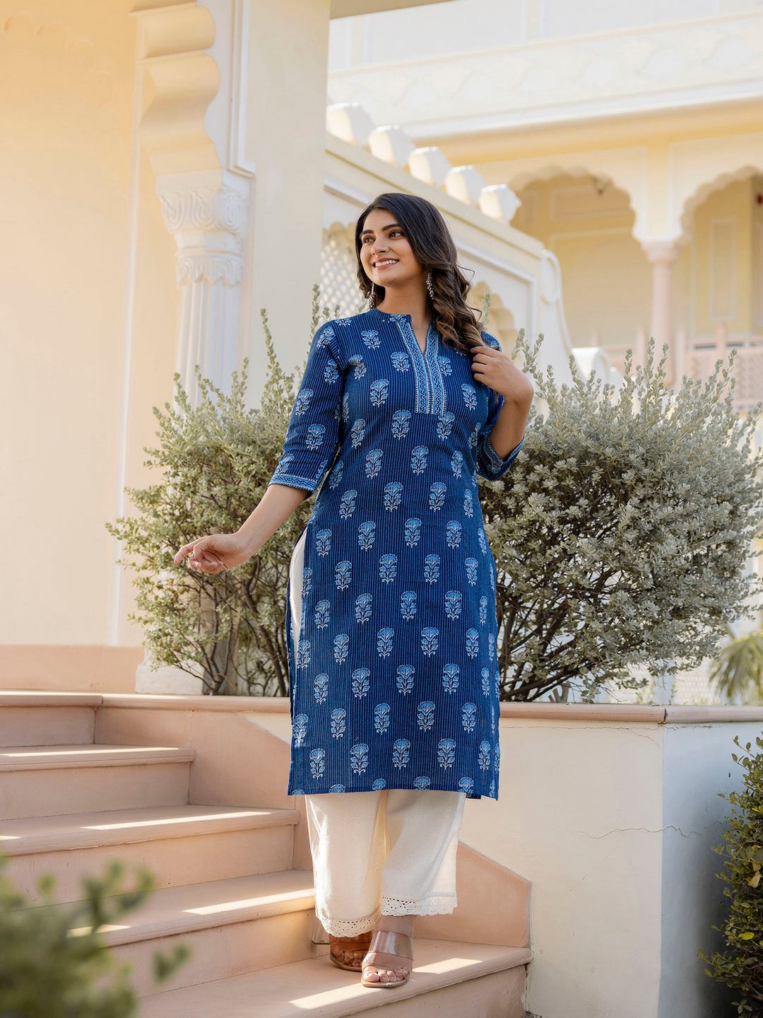 Navy Blue Printed Straight Kurta With Three Quarter Sleeves