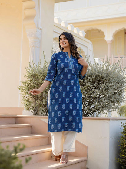 Navy Blue Printed Straight Kurta With Three Quarter Sleeves