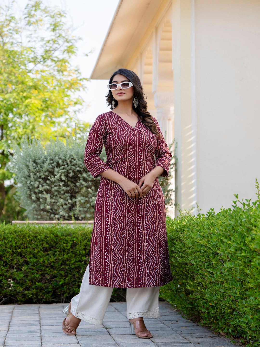 Maroon Printed Straight Kurta With Three Quarter Sleeves