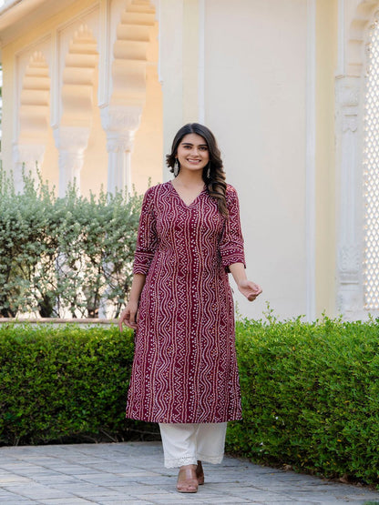 Maroon Printed Straight Kurta With Three Quarter Sleeves