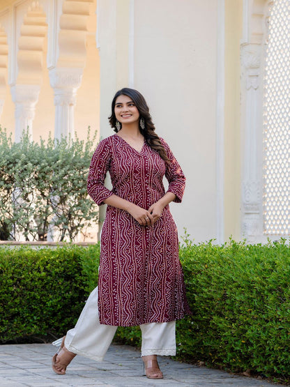 Maroon Printed Straight Kurta With Three Quarter Sleeves