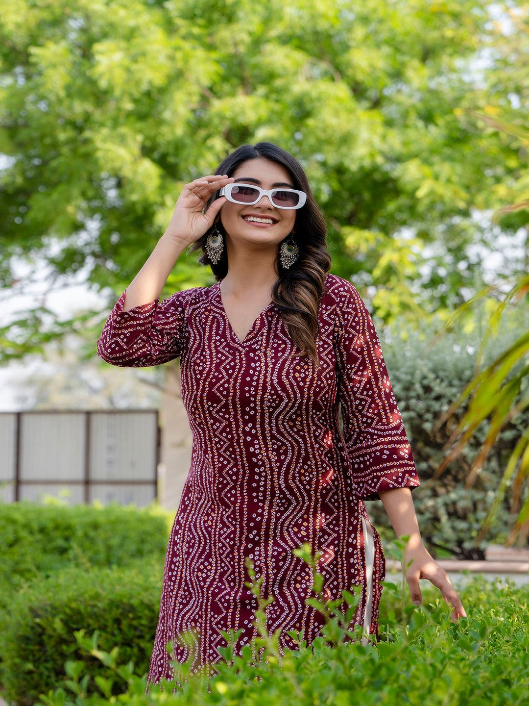 Maroon Printed Straight Kurta With Three Quarter Sleeves