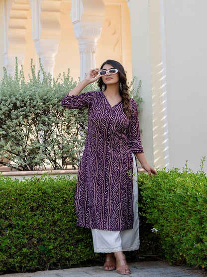 Purple Printed Straight Kurta With Three Quarter Sleeves