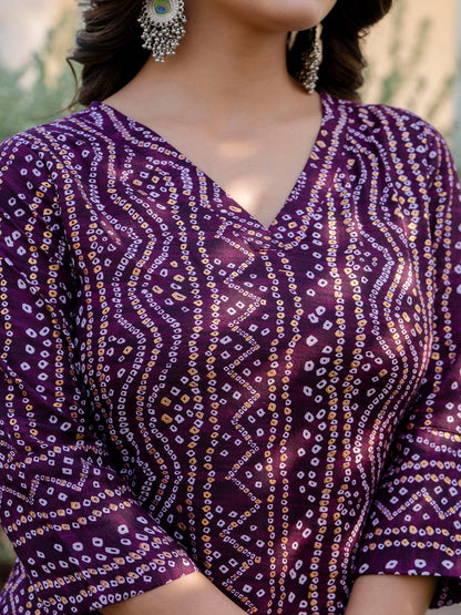 Purple Printed Straight Kurta With Three Quarter Sleeves