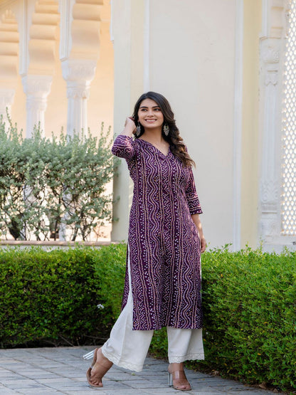 Purple Printed Straight Kurta With Three Quarter Sleeves