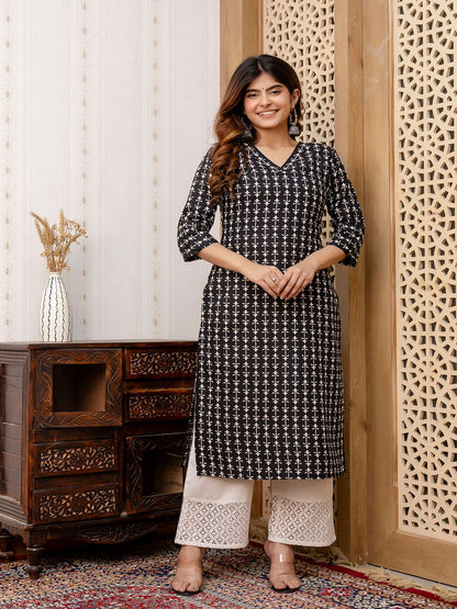 Black Printed Straight Kurta With Three Quarter Sleeves
