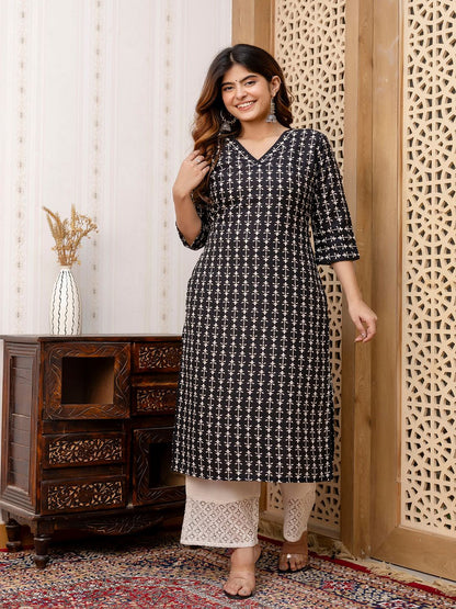Black Printed Straight Kurta With Three Quarter Sleeves