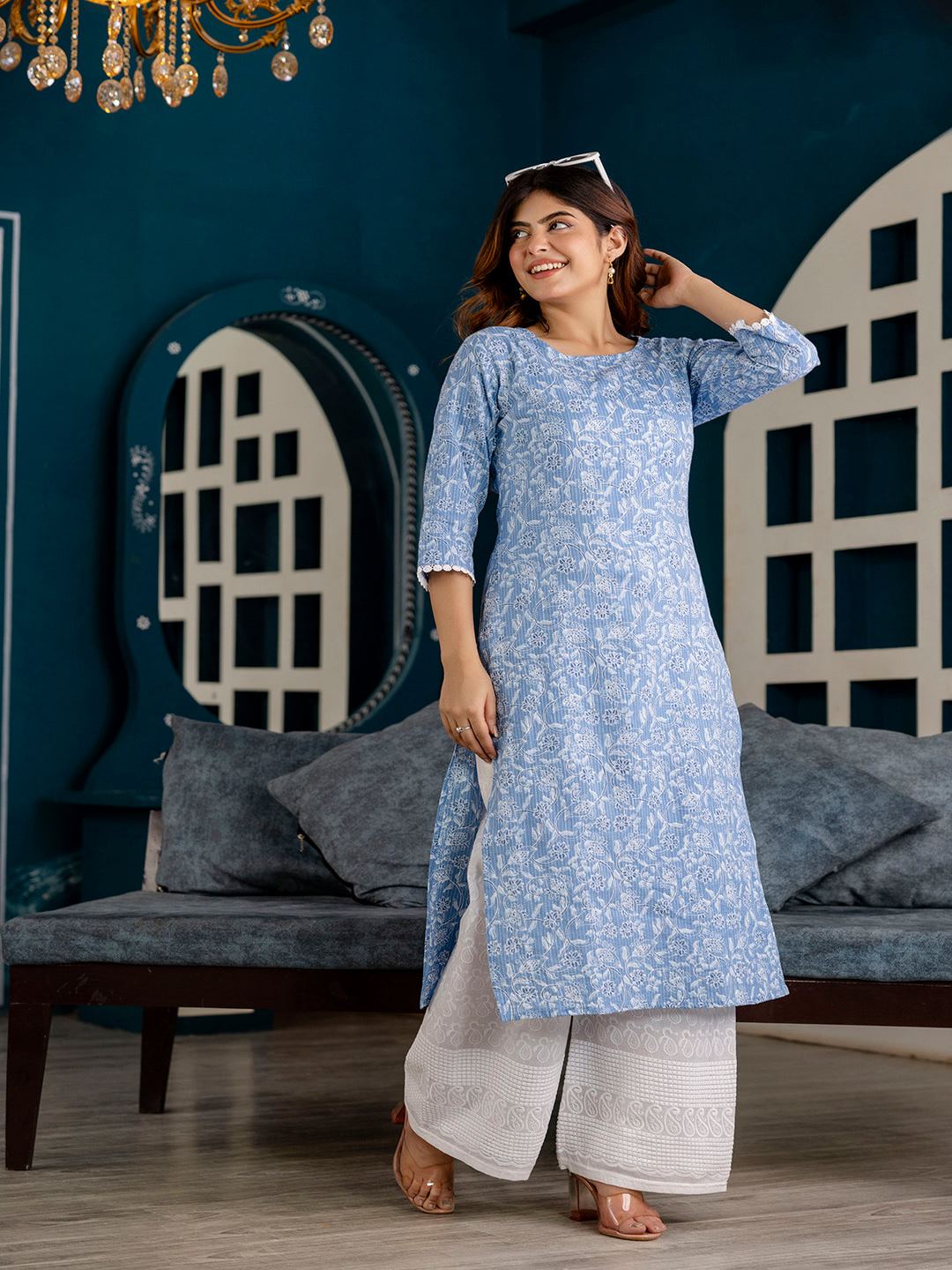 Blue Printed Straight Kurta With Three Quarter Sleeves