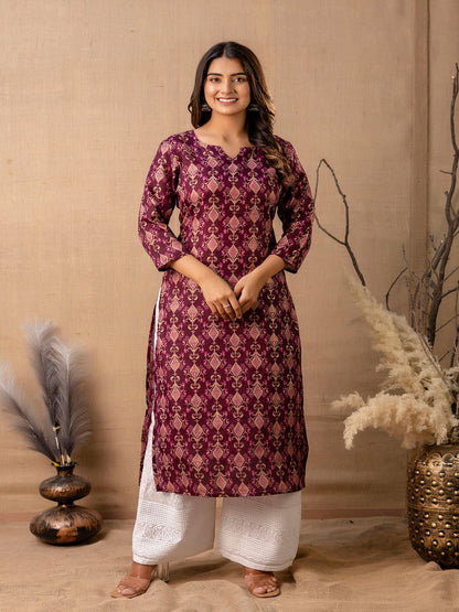 Burgundy Printed Straight Kurta