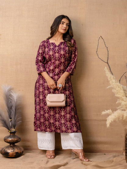 Burgundy Printed Straight Kurta