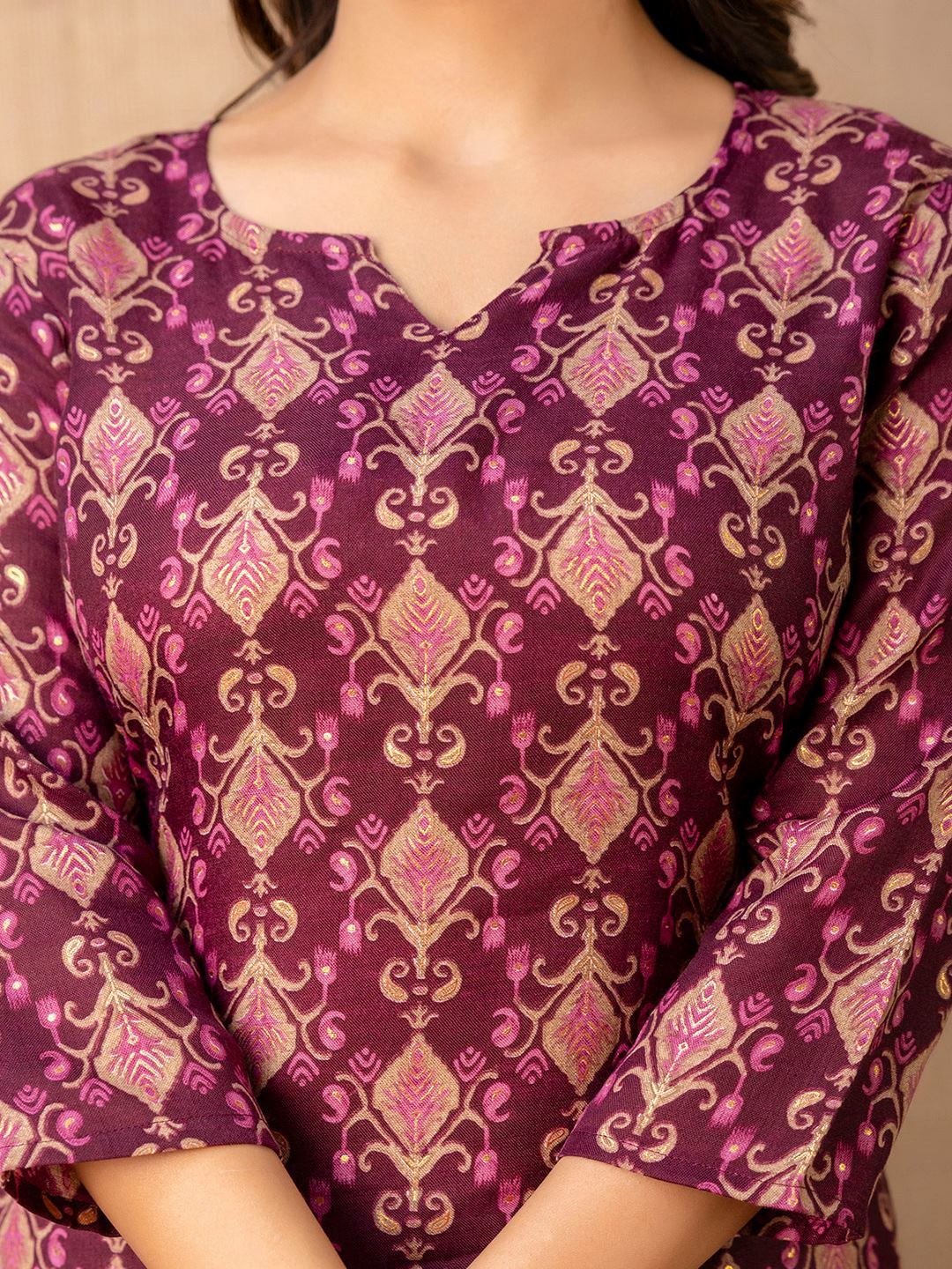 Burgundy Printed Straight Kurta