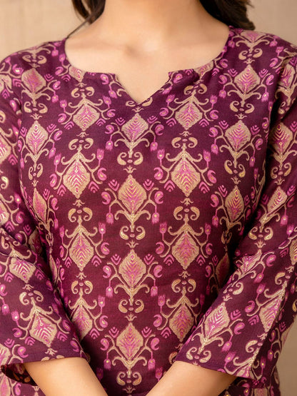 Burgundy Printed Straight Kurta