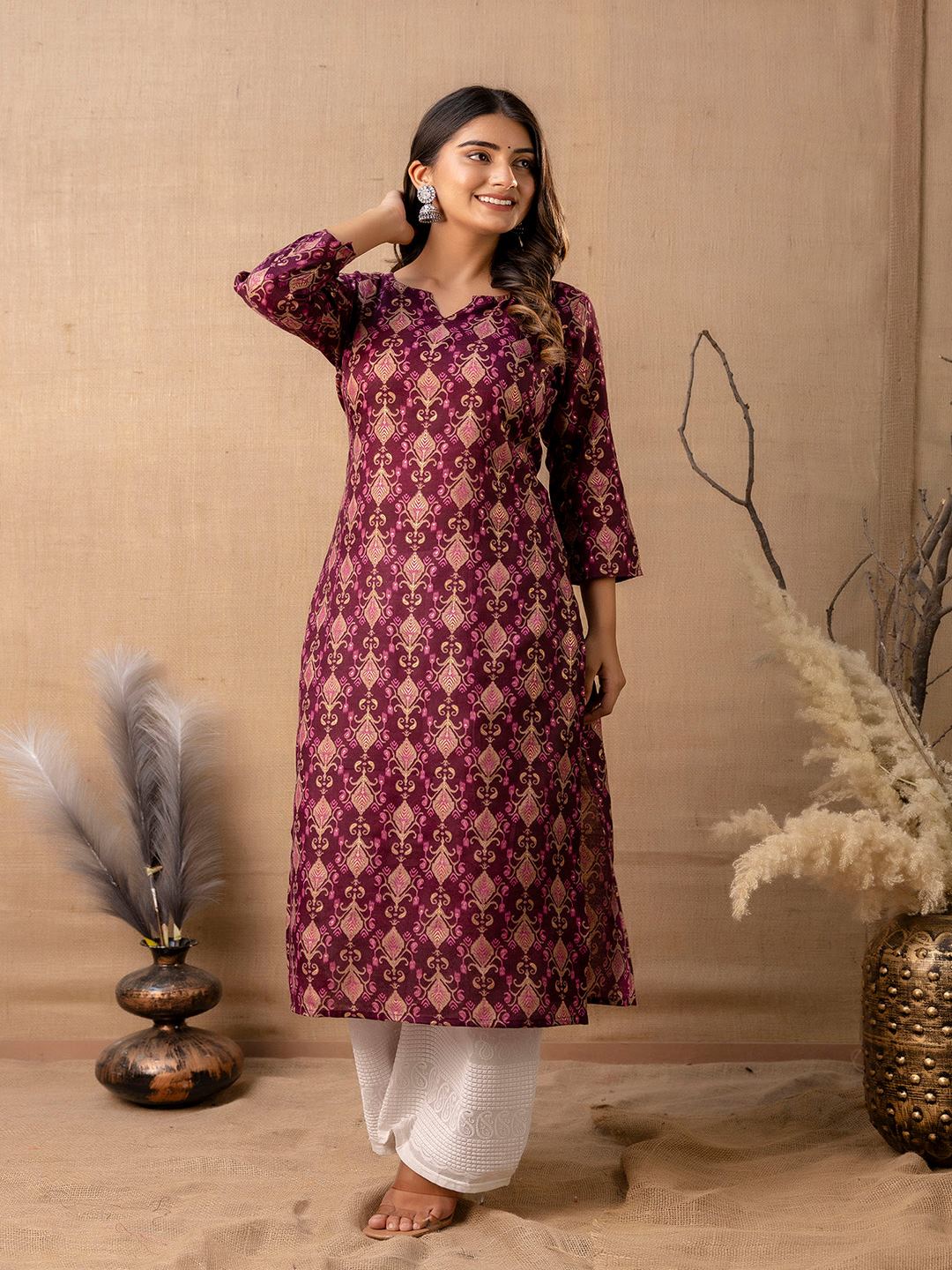 Burgundy Printed Straight Kurta