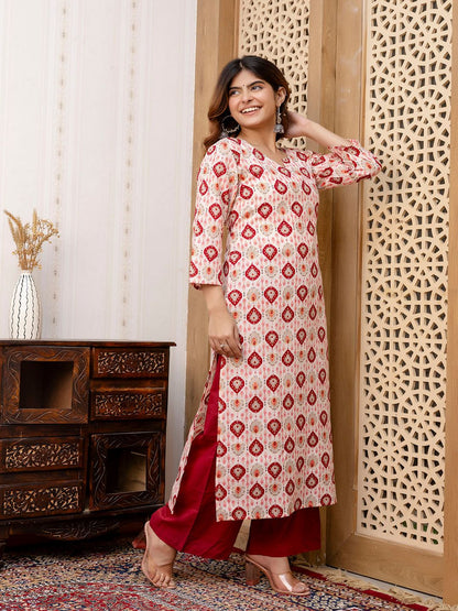 Maroon And Off White Printed Straight Kurta