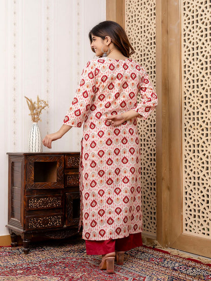Maroon And Off White Printed Straight Kurta