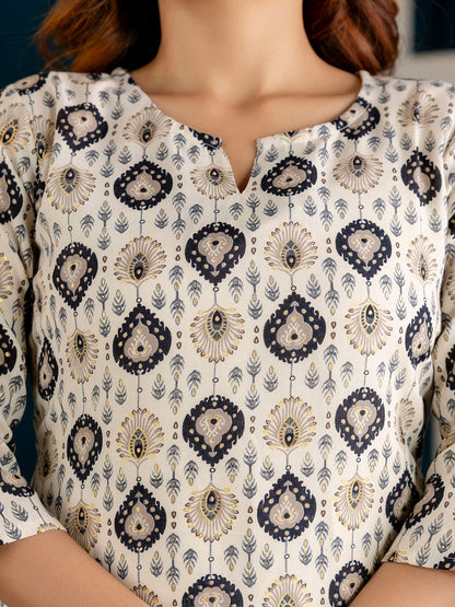 Off White And Black Printed Straight Kurta