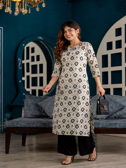 Off White And Black Printed Straight Kurta