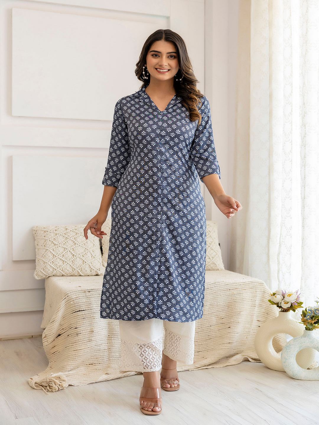 Blue Grey Printed Straight Shirt Collar Kurta