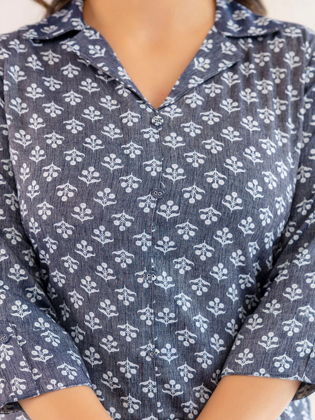 Blue Grey Printed Straight Shirt Collar Kurta