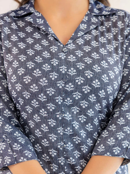 Blue Grey Printed Straight Shirt Collar Kurta