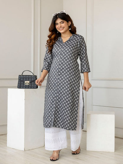 Grey Printed Straight Shirt Collar Kurta