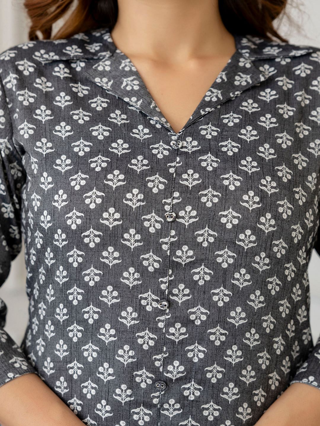 Grey Printed Straight Shirt Collar Kurta