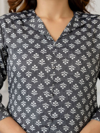 Grey Printed Straight Shirt Collar Kurta