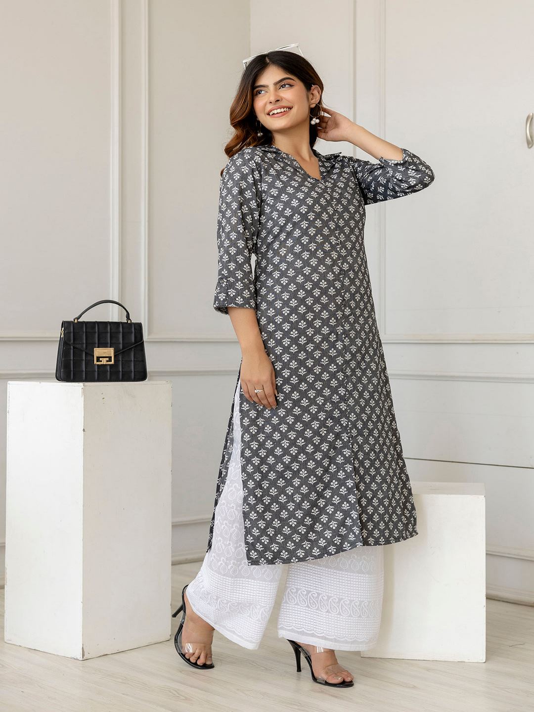 Grey Printed Straight Shirt Collar Kurta